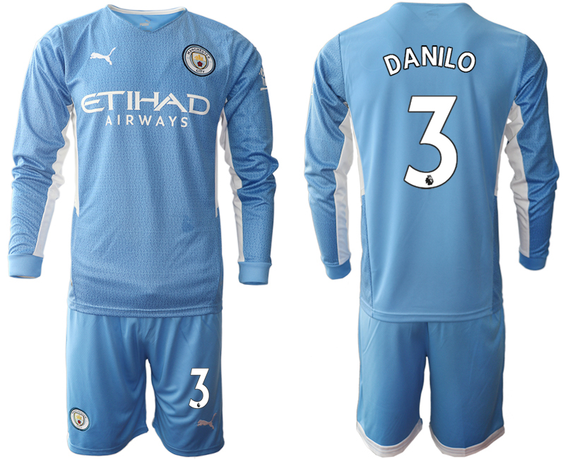 Men 2021-2022 Club Manchester city home Light blue Long Sleeve #3 Soccer Jersey